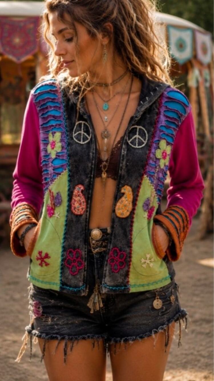Handmade Nepal Patchwork Hoodie Jacket Peace Sign Boho Festival Sz S